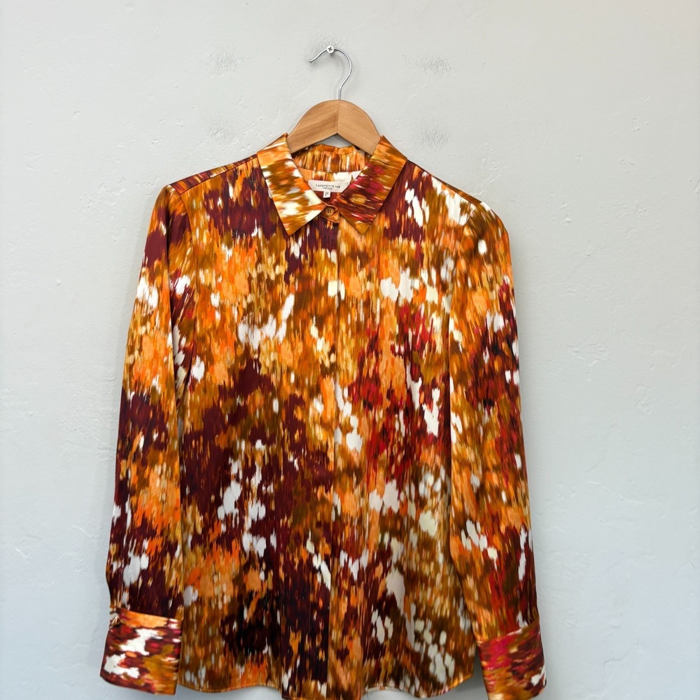 Lafayette 148 New York Scottie Blouse Shirt Women Size Medium Orange Button Up - Picture 2 of 15